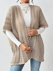 SHEIN LUNE Women Vintage Style Solid Color Hollow-Out Knitted Cardigan Shawl - Khaki - View 6
