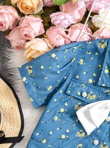 Tween Girls Sweet 2pcs Floral Print Denim Effect Button Front Bow Decor Short Sleeve Top And Mini Skirt Set - Blue - View 5