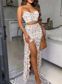 Pariaura 2pcs/Set Pleated Bandeau Top And Slit Skirt, Romantic French Style Ditsy Floral, Summer Women Outfit - Multicolor - View 1