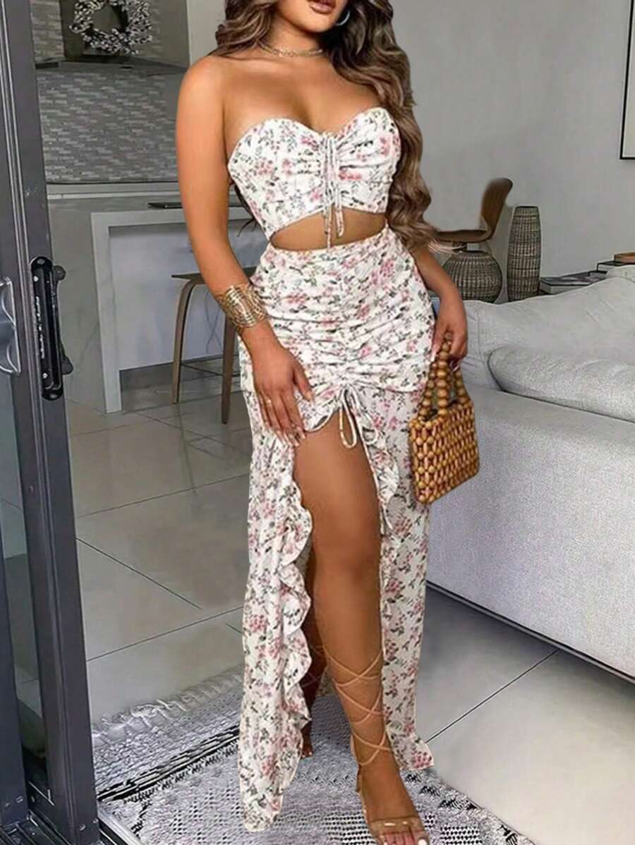 Pariaura 2pcs/Set Pleated Bandeau Top And Slit Skirt, Romantic French Style Ditsy Floral, Summer Women Outfit - Multicolor - View 1