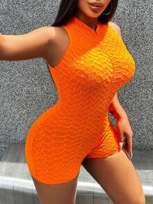 SHEIN Slayr Women Simple Solid Color Sleeveless Zip Up Orange Bodycon Jumpsuit - Orange - View 5