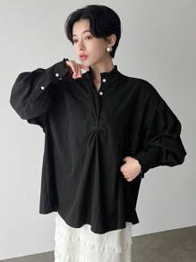 FRIFUL 女式春夏纯色落肩长袖衬衫（后背带蝴蝶结） - 黑色 - 查看 5