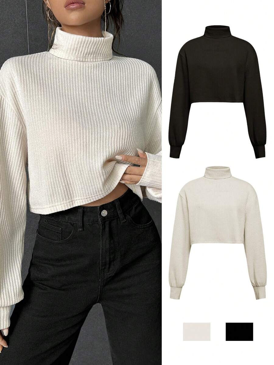 SHEIN EZwear 夏季服装 高领 落肩 T 恤 - 米色 - 查看 1