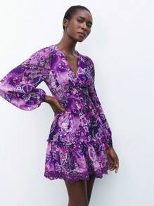 Maija Women's Random Print Simple Daily V-Neck Long Sleeve Mini Dress - Purple - View 1