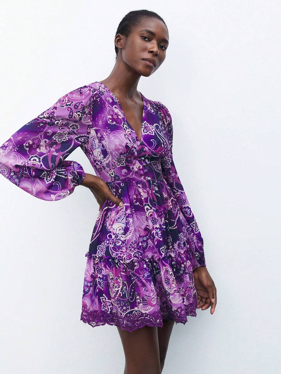 Maija Women's Random Print Simple Daily V-Neck Long Sleeve Mini Dress - Purple - View 1