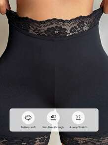 SHEIN Essnce Leggings curtas com controle de barriga e emenda de renda, cintura alta para mulheres Calças de moletom Leggings Calças cargo Moletom preto Looks para sair Leggings pretas Roupas de Halloween Looks de volta às aulas Exercícios Looks de outono preto Renda - Preto - Visão 6
