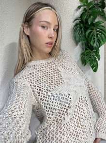 SHEIN EZwear Women's Early Autumn Large Mesh Hollow Star Pattern Sweater, Suitable For Daily Wear, Best-Selling Style