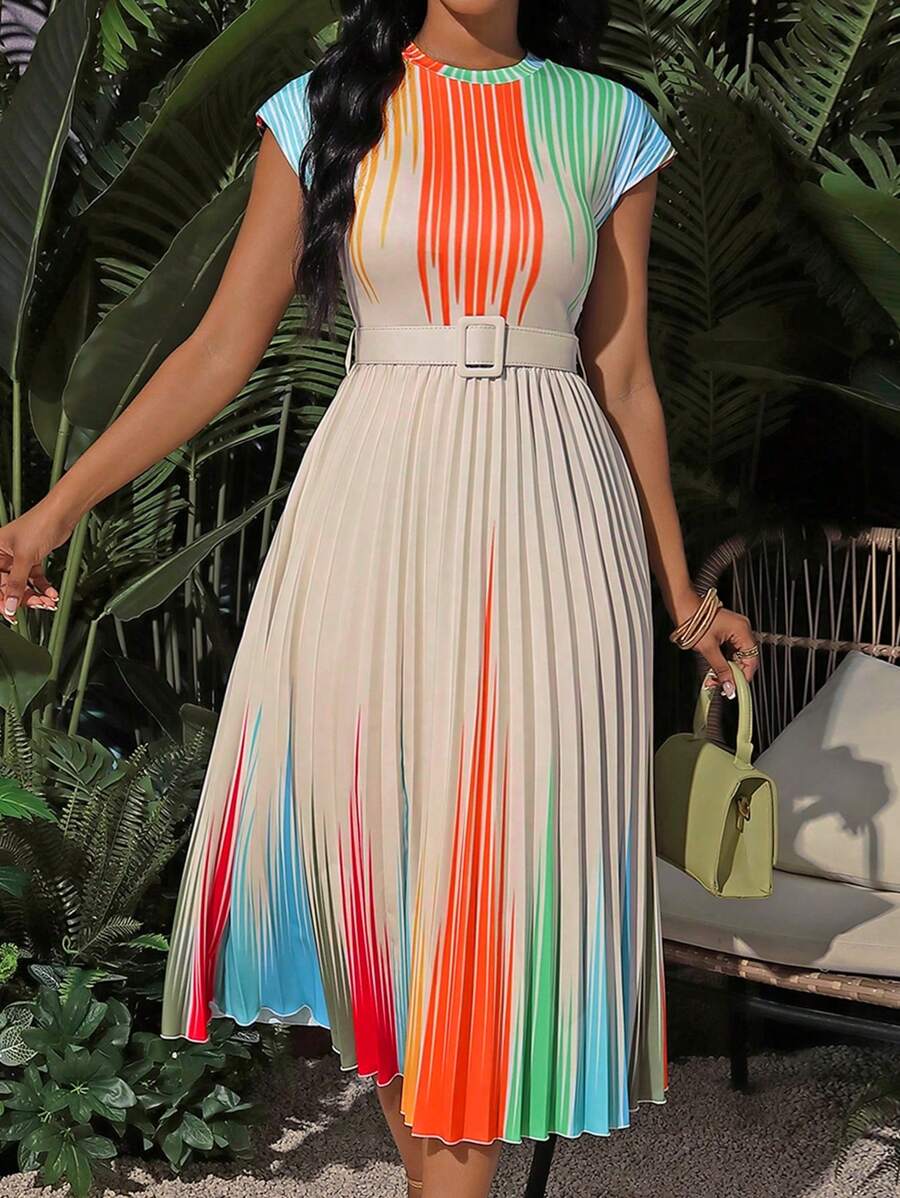 SHEIN Unity Summer Holiday Striped Color Block Pleated Hem Dress Maxi Women Outfit