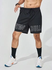 Manfinity Fitness 男友风男士字母印花抽绳腰休闲健身运动短裤