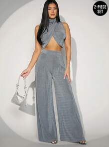 Hauture Mock Neck Top & Wide Leg Pants Two Piece Set - Grey - View 1