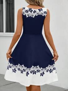 SHEIN Clasi Women's Elegant Color Block & Floral Print Sleeveless Dress, Summer - Navy Blue - View 2