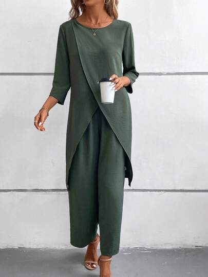 EMERY ROSE 2pcs Set: Solid Color 3/4 Sleeve Round Neck Simple Top And Elastic Waist Pants