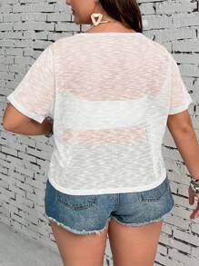 SHEIN VCAY Plus Size Tie Knot Short Sleeve Knit Blouse - White - View 2