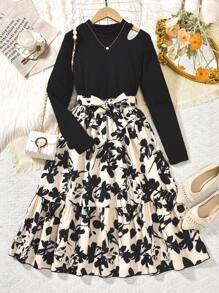 2 piezas/Set Camiseta de manga larga acanalada negra y falda larga con estampado gráfico con cordón en la cintura para adolescentes, conjunto elegante de otoño/invierno - Negro - Ver 1