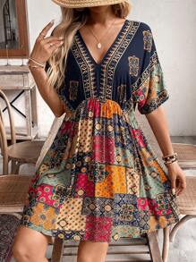 SHEIN LUNE Váy ngắn tay cổ chữ V in họa tiết thông thường dành cho nữ - Nhiều màu - Xem 4