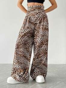 StreetHx 女式高腰豹紋寬腿寬鬆休閒超長褲 - 彩色 - 查看 4