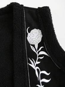 Sweetra Floral Embroidered Padded Sleeveless Jacket, Autumn/Winter - Black - View 5