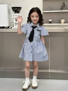 SHEIN Little Byeori Young Girl Woven Striped Collar Fitted Casual Tie Neck Dress - Blue and White - View 1