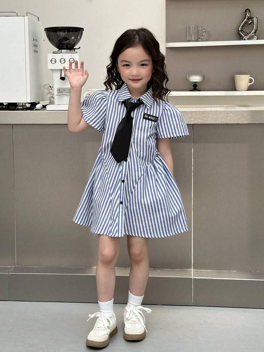 SHEIN Little Byeori Young Girl Woven Striped Collar Fitted Casual Tie Neck Dress - Blue and White - View 1