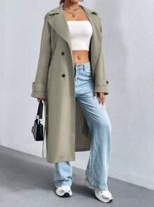 SHEIN Unity 女士纯色简约休闲翻领纽扣长袖风衣 - 卡其色 - 查看 6