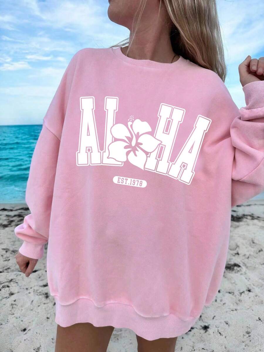 SHEIN EZwear 休闲宽松简约字母印花圆领长袖大码女式运动衫，秋冬 - 粉色 - 查看 1