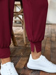 SHEIN LUNE Plus Size Fitted Cargo Pocket Army Green Casual Sport Pants - Burgundy - View 4