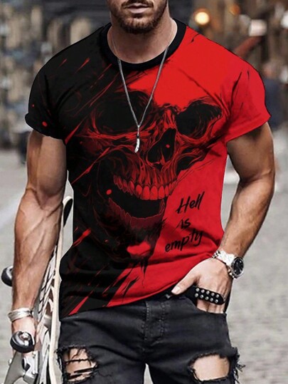 Manfinity LEGND Camiseta de manga corta casual de cuello redondo con estampado de calavera para hombre, ropa de Halloween