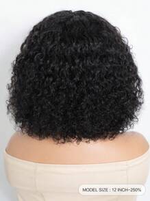 Density Pro Real Human Hair Fluffy Wear & Go Glueless Curly Bob Wig With Bangs, 12 Inch Natural Black Water Wave Full Machine Made Deep Curl Wig, 250% Density 100% Human Hair - S1B - View 2