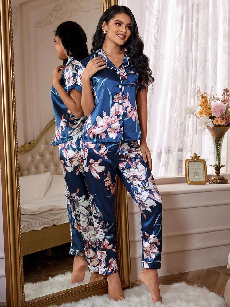 花柄プリント サテン ラペル パジャマセット | SHEIN JAPAN