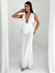 SHEIN SXY Women's Simple Minimalist Commute Satin Elegant Deep V-Neck Tie-Waist Backless Party Dress - White - View 1