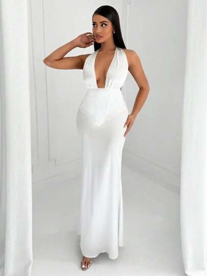 SHEIN SXY Women's Simple Minimalist Commute Satin Elegant Deep V-Neck Tie-Waist Backless Party Dress