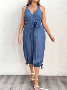 SHEIN LUNE 夏季大尺碼純色綁頸腰帶無袖連體褲 - 藍色 - 查看 4