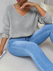 Chiquease Women's Solid Color V-Neck Sheer Knit Sweater Daily Casual, Knit Pullover Fall Winter - Grey - View 7