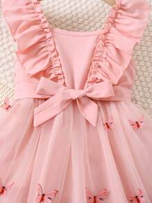 Vestido de contraste de malla con mangas abullonadas, efecto degradado en rosa y diseño de mariposa, para niñas jóvenes - Rosa - Ver 7