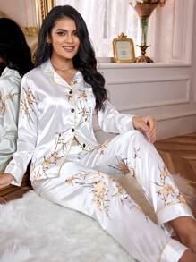 LuxeNights Floral Print Patched Pocket Contrast Piping Satin Pajama Set White Set Bridal Lingerie, Fall Winter Clothes Cozy And Elegant Details - White - View 6