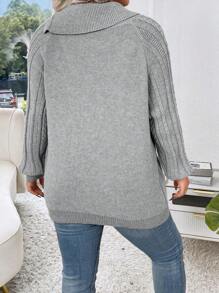 Calvaya Große Größen Lässig einfarbiger asymmetrischer Kragen Pullover, Strick Pullover für Frühling & Herbst, Herbst Winter - Hellgrau - Übersicht 2