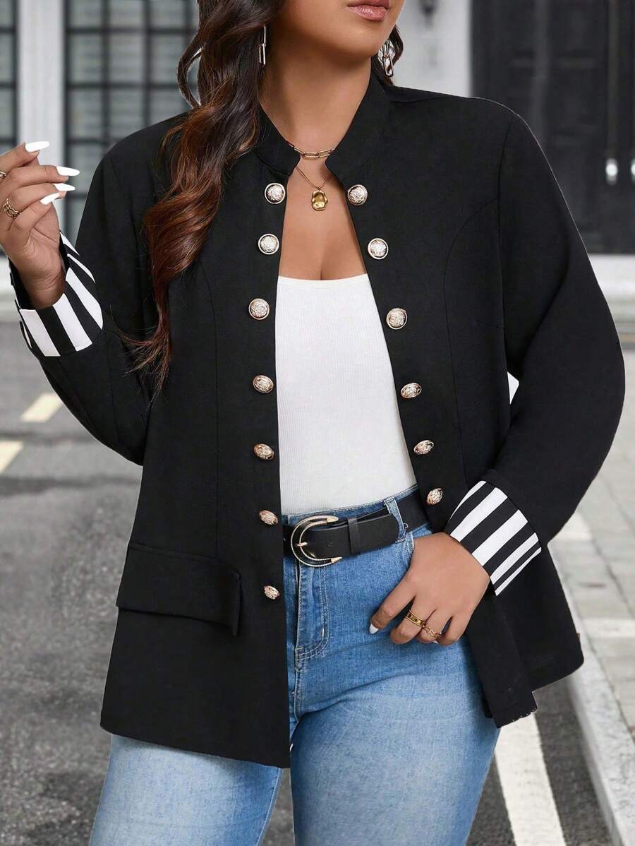 SHEIN LUNE Plus Size Women's Colorblock Cuff Minimalist Daily Suit - Black - View 1