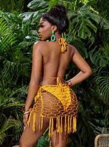 BamGleam 女士纯色简约日常针织连体裤和镂空裙套装 - 黃色 - 查看 2