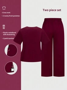TaskEZ Burgundy Red Plus Size Scrub Uniforms Short Sleeve Top And Pants Set - Burgundy - View 2