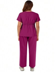 cimmuovere 大尺碼口袋V領上衣和彈性腰帶褲裝護士制服套裝，護理服裝