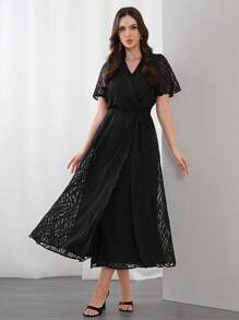 Modelyn 女士网眼荷叶边短袖连衣裙长款晚礼服 - 黑色 - 查看 5