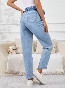 SHEIN Maternity Casual Straight Leg Jeans With Side Pockets & Frill Trim Waist - Light Wash - View 3
