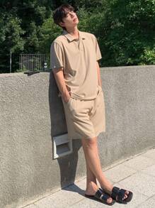 DAZY Men Summer Casual Solid Color Polo Shirt & Shorts Set - Khaki - View 5