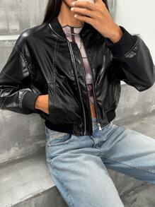 Aveloria Affinna Retro Minimalist Oversized Casual Baseball Jacket With Stand Collar & PU Panels, Short Length