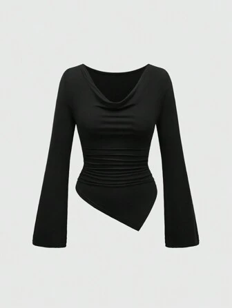 Grunge Punk Y2K Chic Sexy Plunge Neckline Asymmetric Hem Fitted Long Sleeve T-Shirt, Women's Solid Color Versatile Undershirt For Fall/Winter