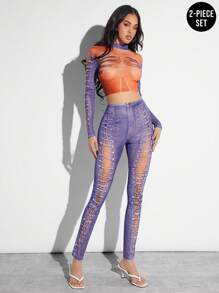 Denimoi Ladies Sexy Summer Denim Effect Slim Fit Crop Top And Long Pants Set With Splice Design - Multicolor - View 1