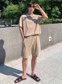 DAZY Men Summer Casual Solid Color Polo Shirt & Shorts Set - Khaki - View 1