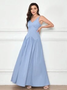SHEIN Belle 纯色细肩带优雅伴娘礼服 - 藍色 - 查看 3