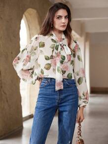 GENKIRA Blusa de gasa con cuello anudado, manga farol y estampado de rosa delicada para mujer - Multicolor - Ver 7