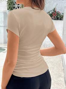 SHEIN Koszulka z krótkim rękawem i plisowanym dekoltem w serek dla kobiet w ciąży, na lato, dla kobiet w ciąży